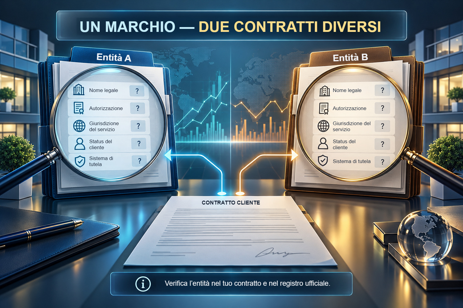 Due documenti contrattuali di entità dello stesso gruppo, confrontati per denominazione legale, autorizzazione, base del servizio, status del cliente e sistema di indennizzo