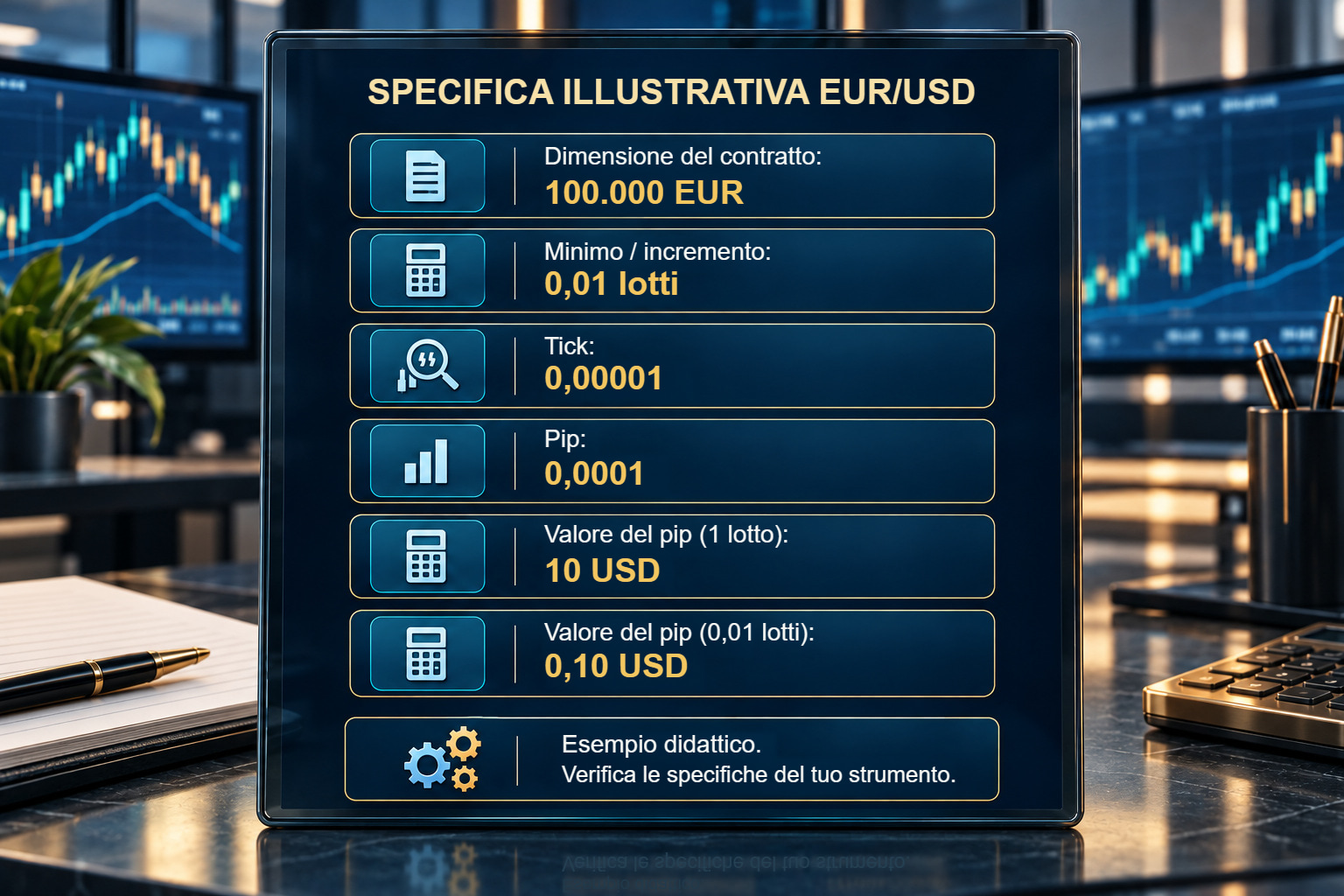Specifica illustrativa EUR/USD con dimensione del contratto, volume minimo e passo, dimensione del tick e del pip e valori del pip a volumi diversi