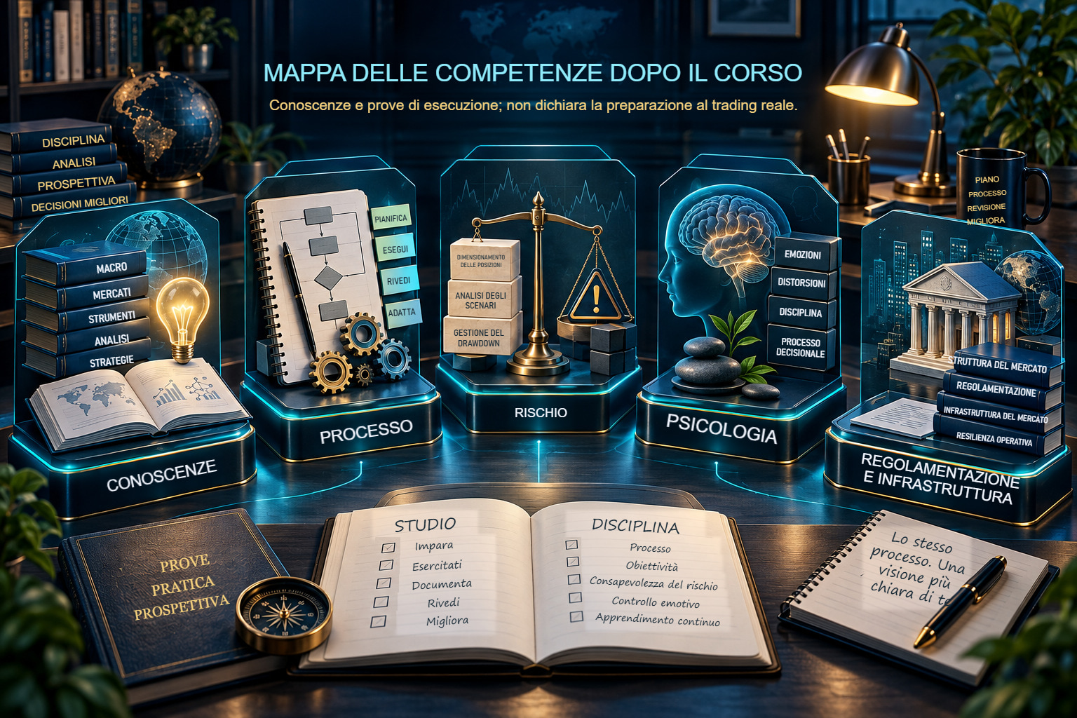 Cinque aree della scheda dopo il corso: conoscenze, processo, rischio, psicologia, regolamentazione e infrastruttura.