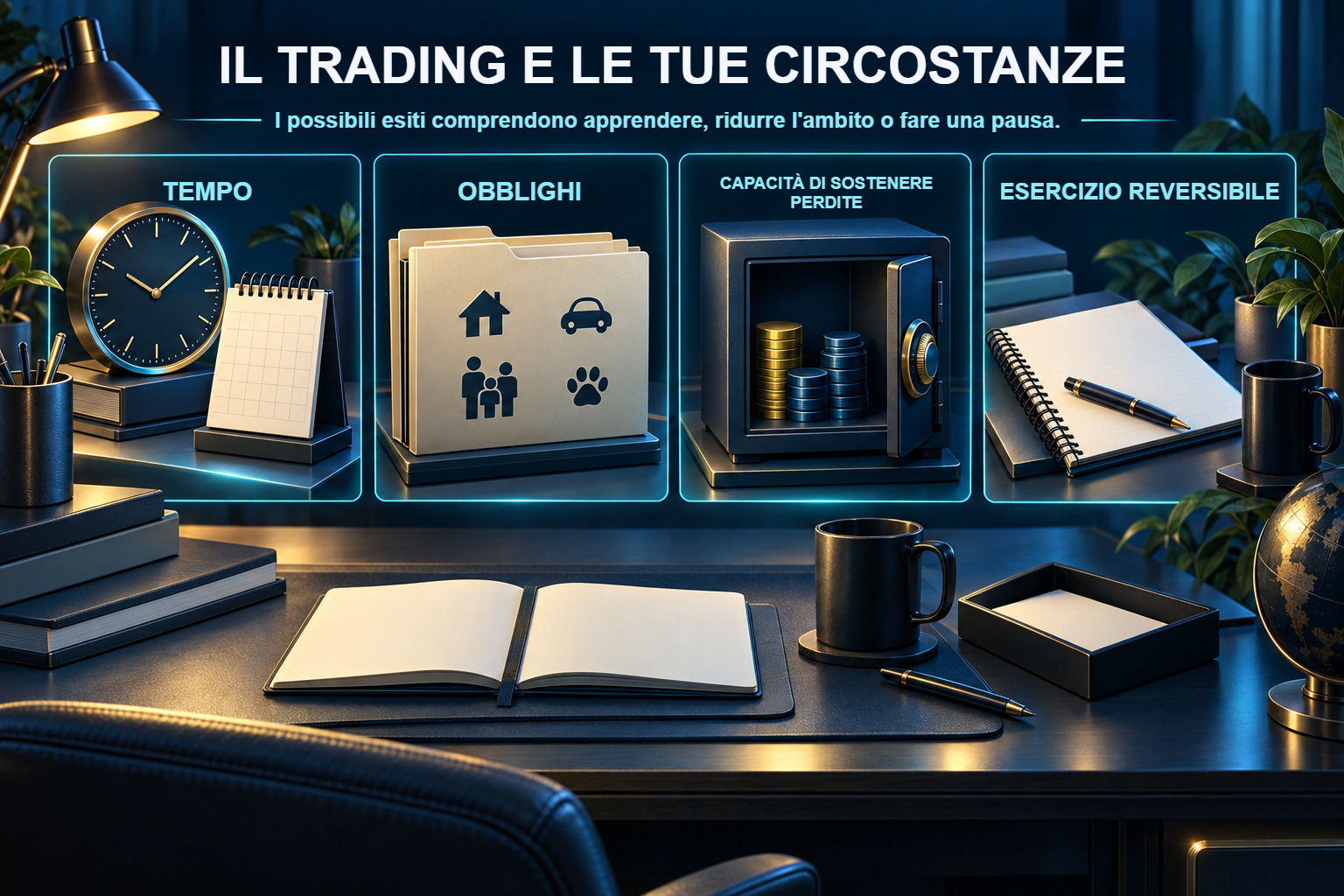 Scheda illustrata delle condizioni dell'attività: tempo, budget, impegni e direzioni disponibili.
