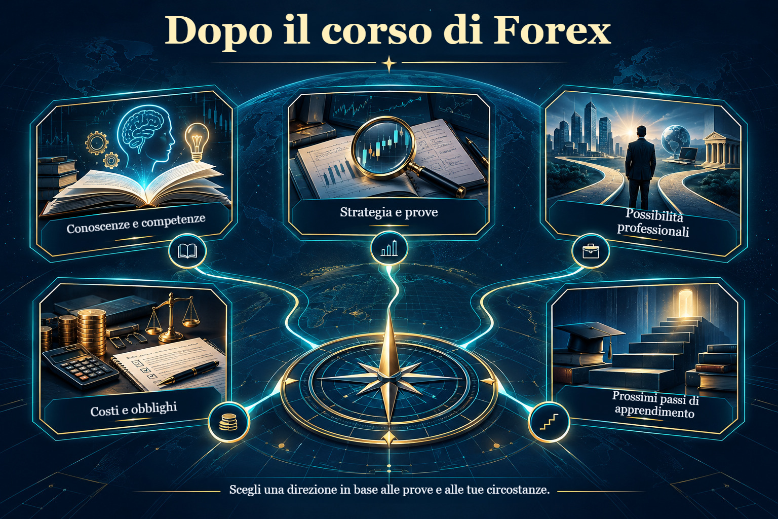 Cinque temi dopo il corso: conoscenze, strategia e prove, possibilità professionali, costi e ulteriore apprendimento.