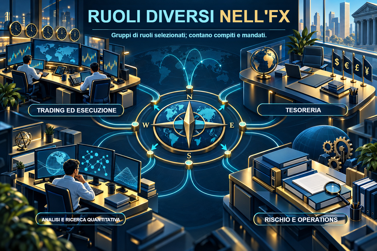 Mappa illustrata di ruoli FX selezionati: tesoreria, rischio, analisi quantitativa e trading.