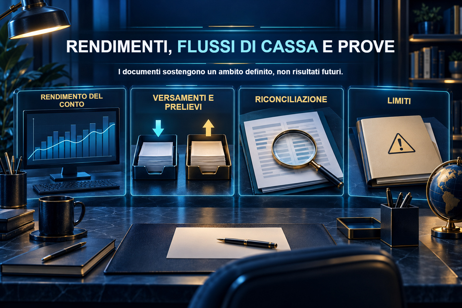 Documenti del conto, flussi di cassa e grafici dei risultati come prove distinte dello storico.