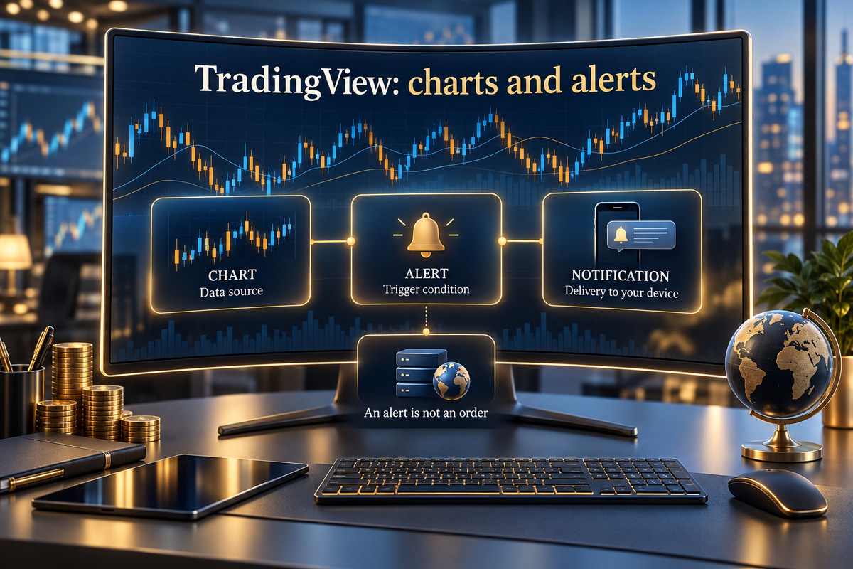 TradingView Charts, Alerts und Forex-Analyse-Organisation – Plattform-Interface mit Preis-Chart, Alert-Panel und Währungs-Watchlist