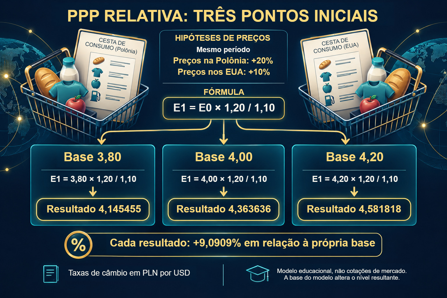 PPP relativa: três taxas iniciais e hipóteses comuns de preços