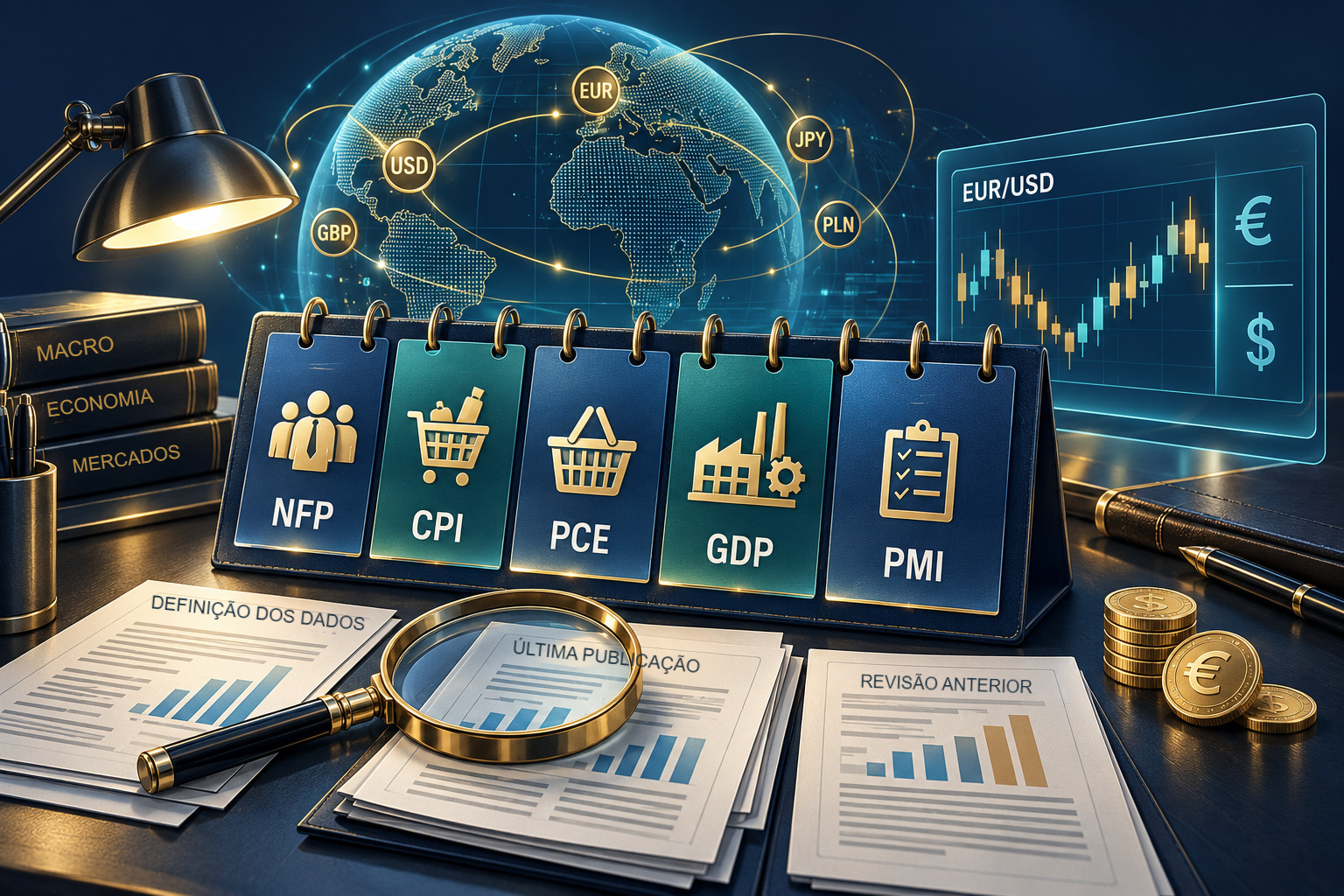 Relatórios macroeconômicos: NFP, CPI, PCE, GDP e PMI