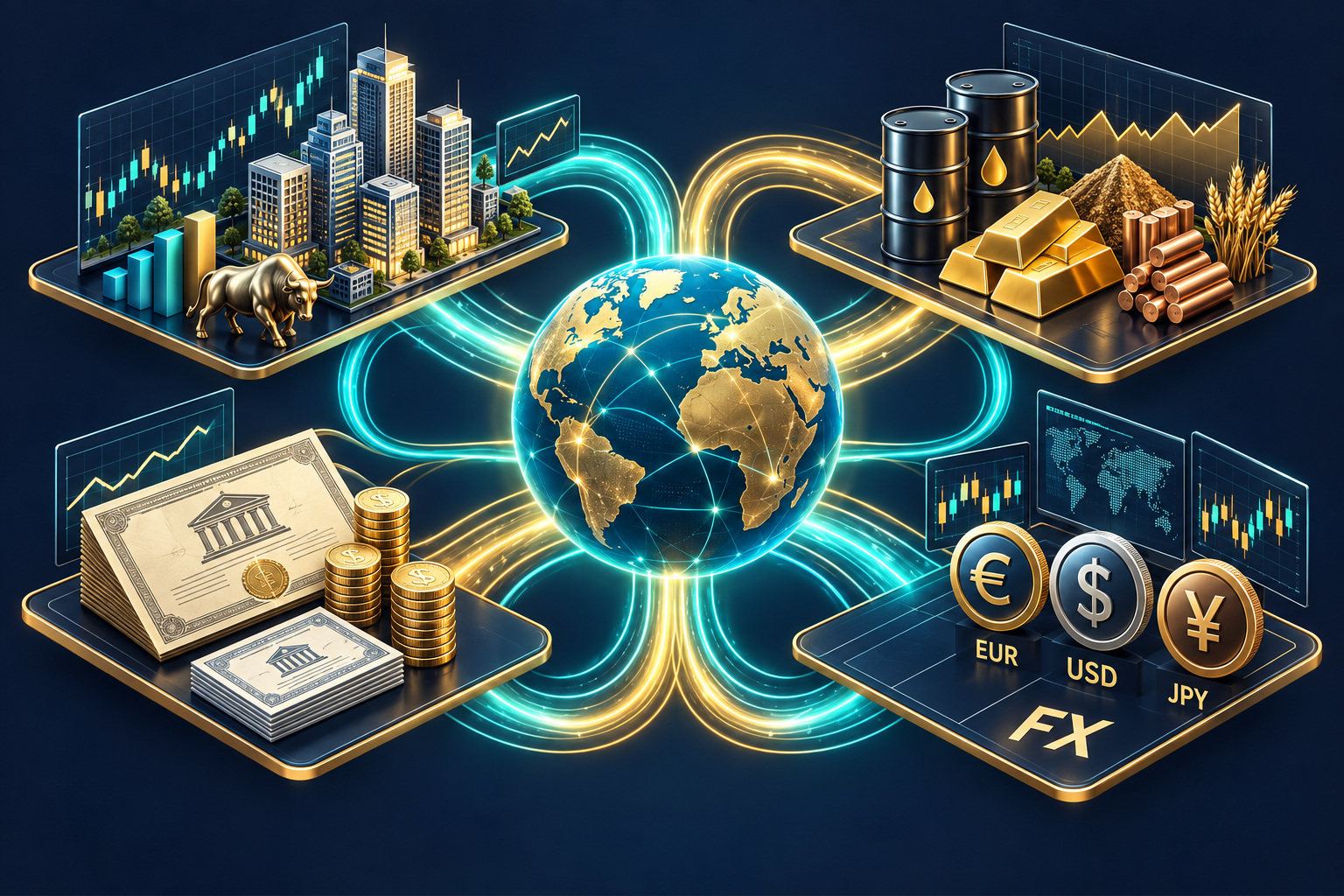 Mercados de ações, títulos, commodities e moedas como um sistema interligado