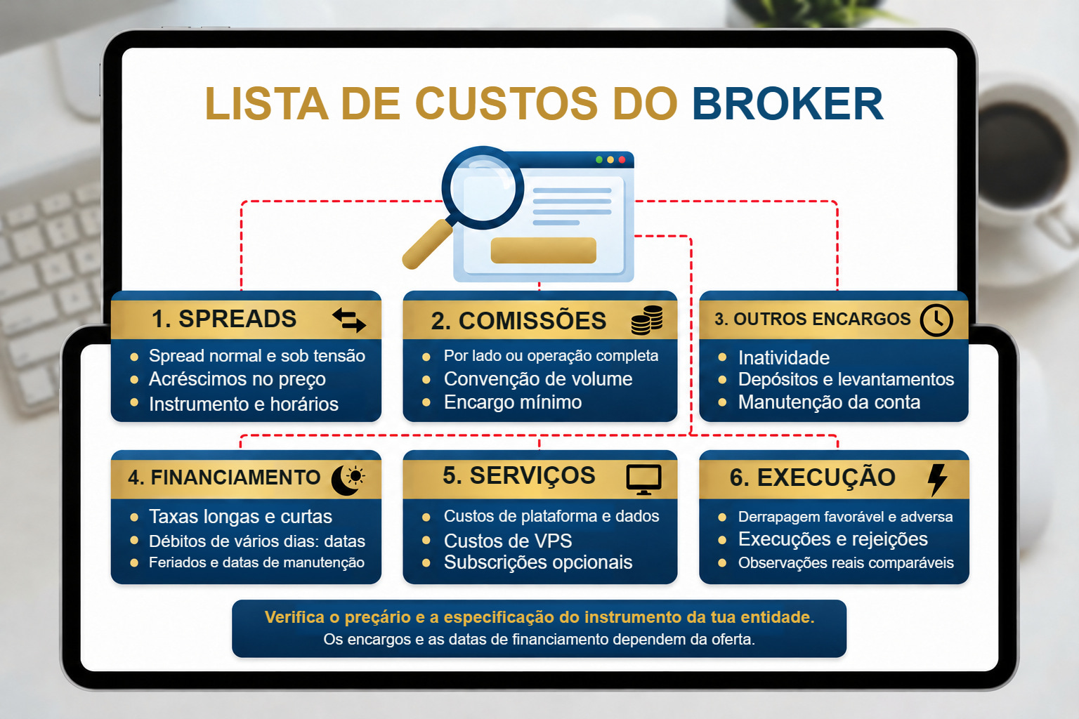 Lista para verificar spread, comissão, financiamento, conversão cambial e encargos de inatividade e levantamento.