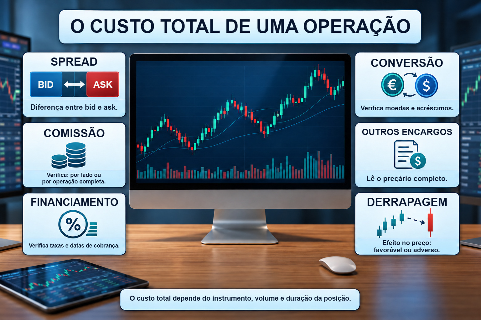 Custos de negociar Forex, incluindo spread, comissão, financiamento e encargos adicionais ao preço anunciado.