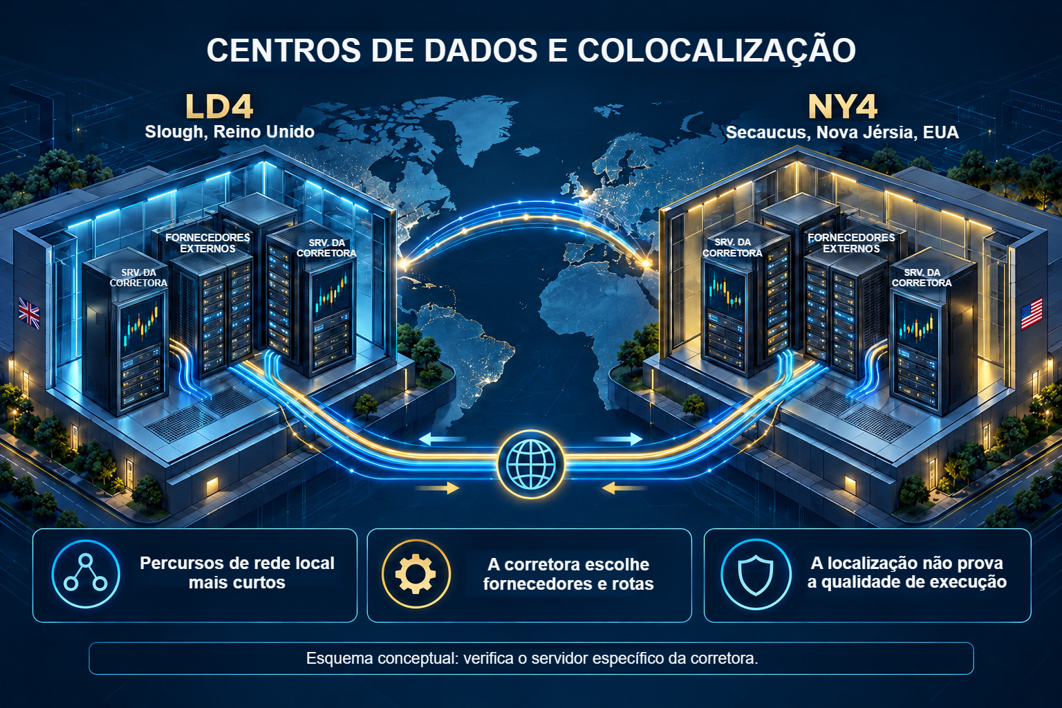 Esquema de colocalização com LD4 em Slough e NY4 em Secaucus, bastidores de servidores e cross-connects locais