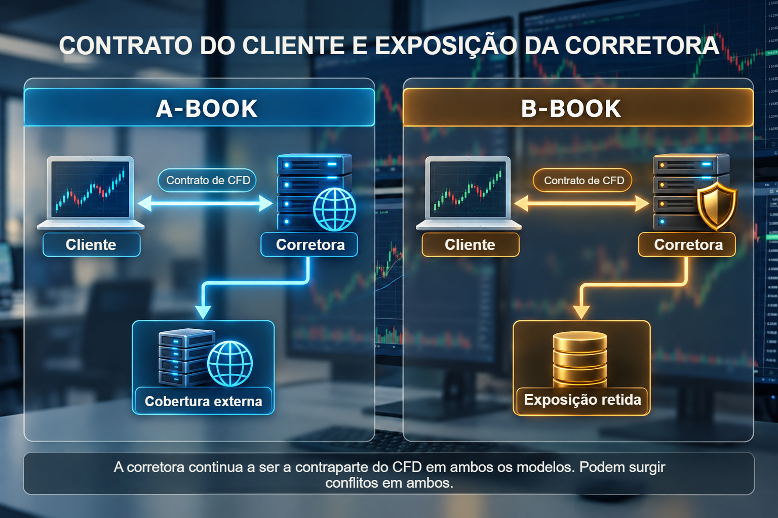 Contrato CFD do cliente com a corretora e gestão separada da exposição da corretora.