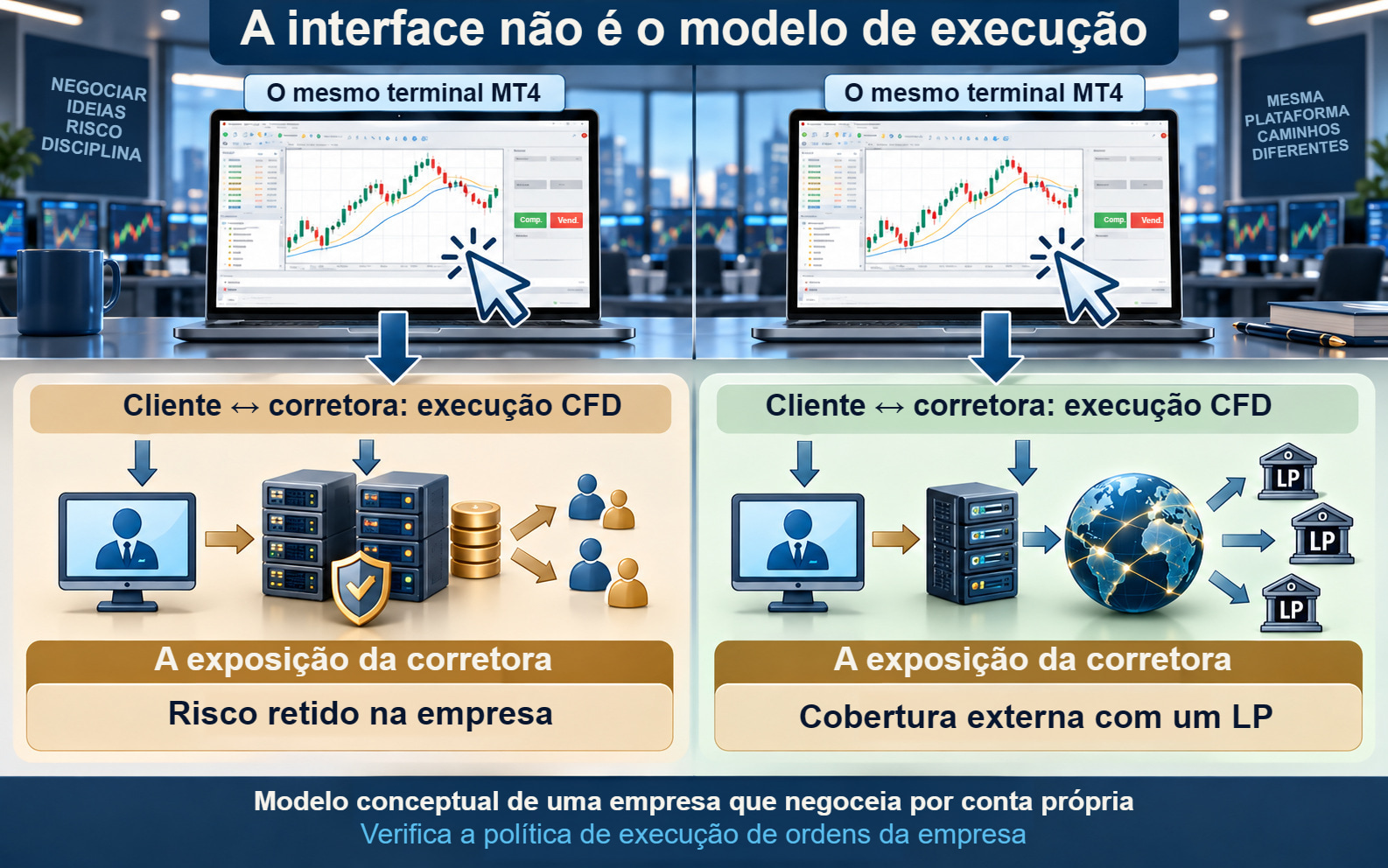 Dois terminais MT4 idênticos com camadas separadas para a execução CFD e a gestão da exposição da corretora.