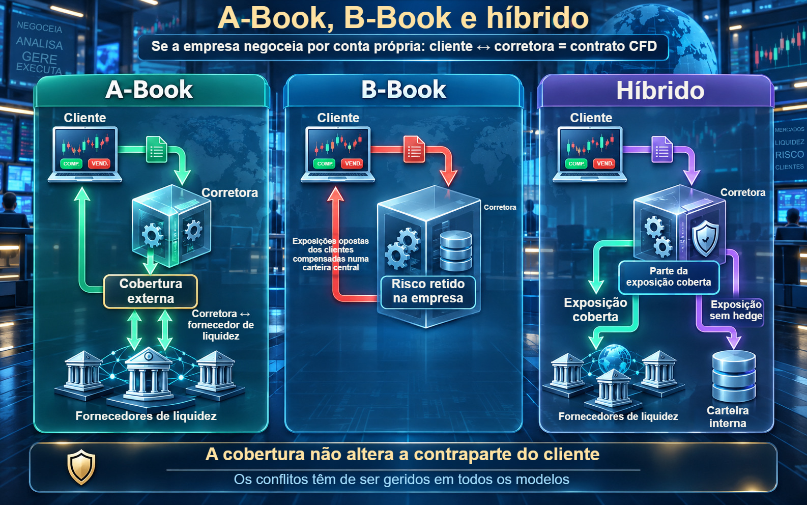O cliente celebra um CFD com a corretora, que pode reter a exposição, cobri-la externamente ou combinar ambas as abordagens.