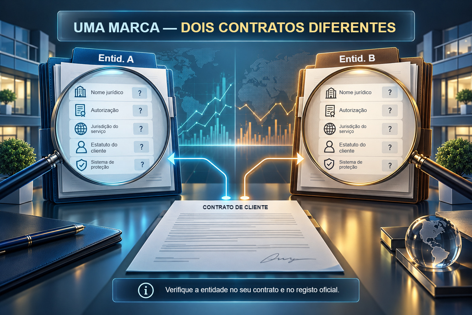 Dois documentos contratuais de entidades do mesmo grupo, comparados pela denominação jurídica, autorização, base do serviço, estatuto do cliente e sistema de indemnização