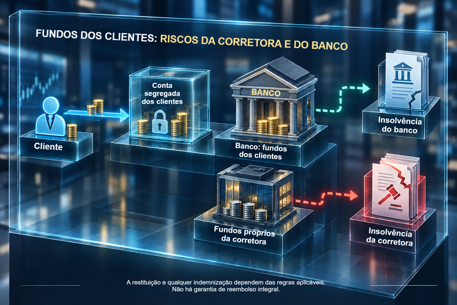 Diagrama de fluxos que separa os fundos dos clientes numa conta bancária protegida dos fundos próprios da corretora