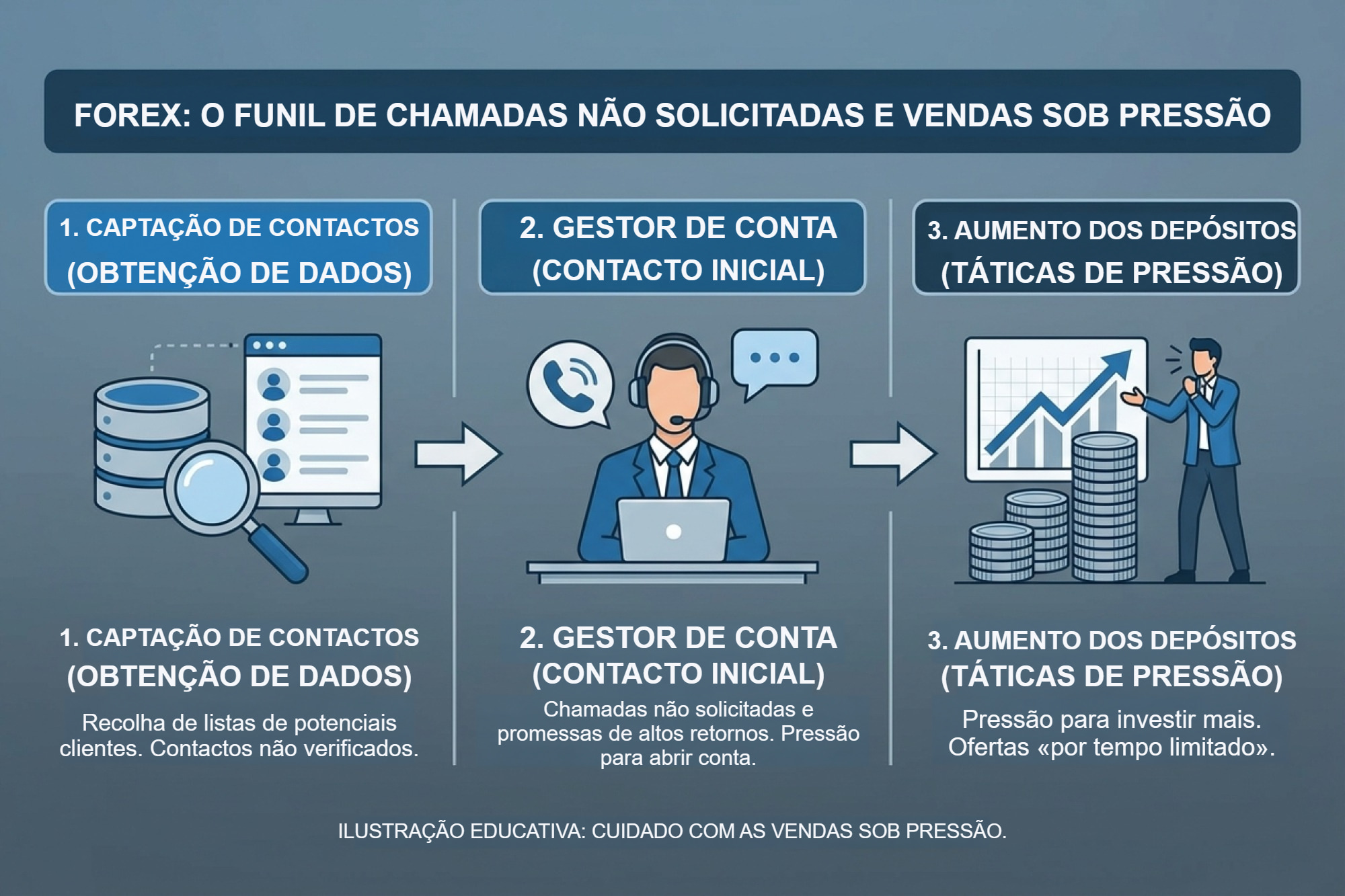 Contacto não solicitado, pressão e pedido de aumentar o depósito