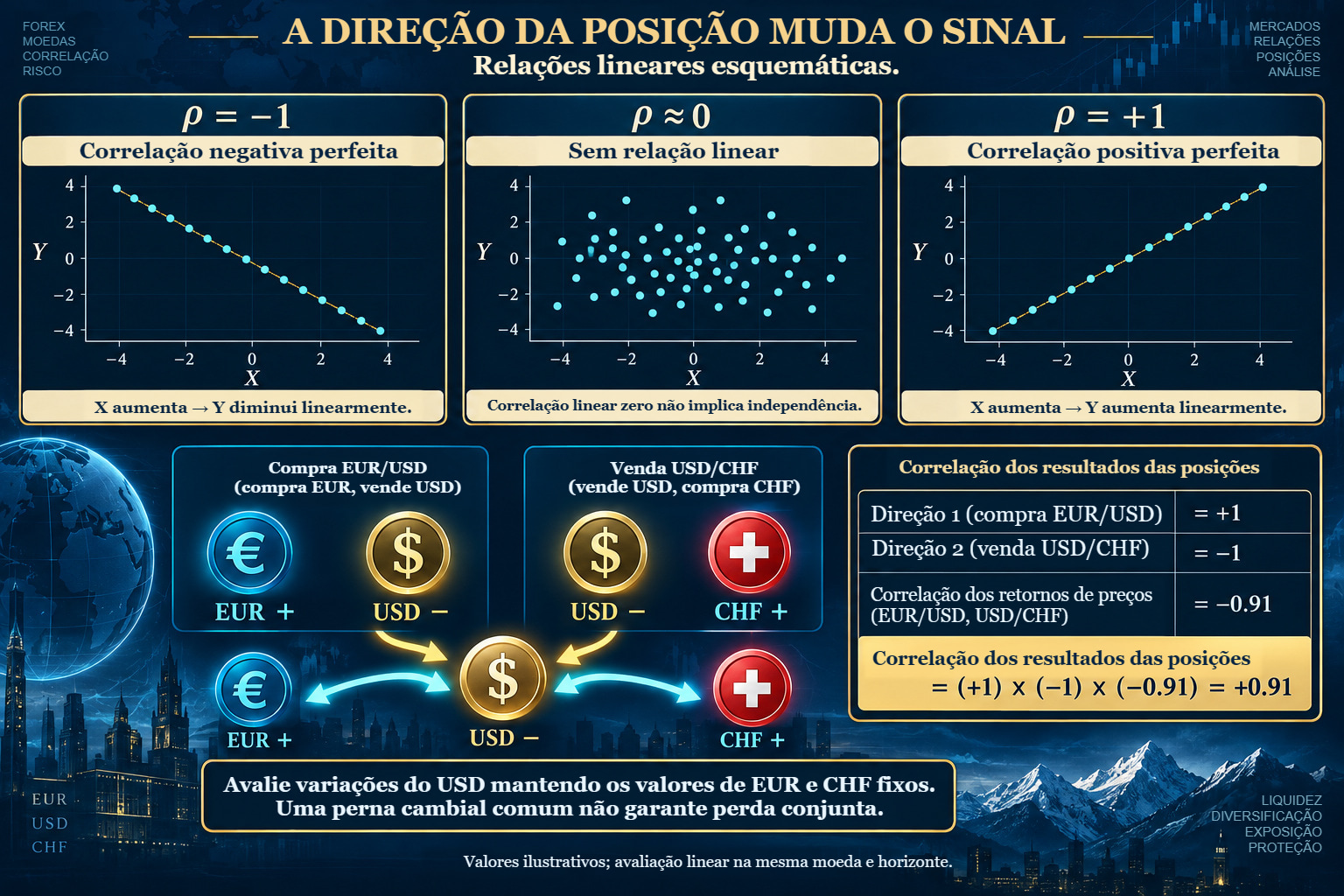 Dependência linear negativa, zero e positiva em esquema, com ajuste de sinal: comprar EUR/USD e vender USD/CHF transforma correlação de retornos −0,91 em correlação de resultados +0,91.