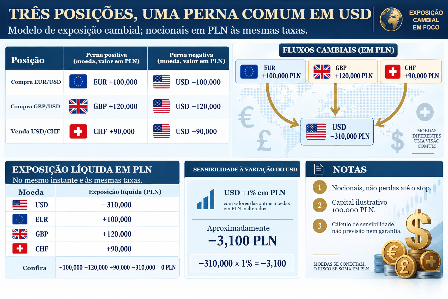 Ficha de três posições: EUR +100.000 PLN, GBP +120.000 PLN, CHF +90.000 PLN e USD −310.000 PLN. Nocionais com sinal e cenário de valorização de 1% do USD em PLN.