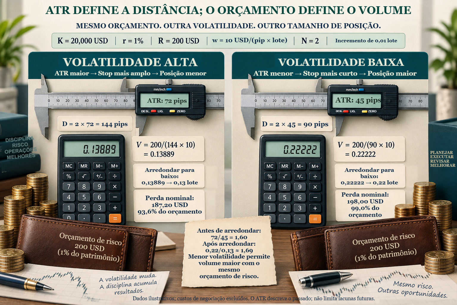 Dois exemplos ATR com orçamento de USD 200: ATR de 72 e 45 pips produz D de 144 e 90 pips, volumes de 0,13 e 0,22 lote e perdas de USD 187,20 e 198,00.