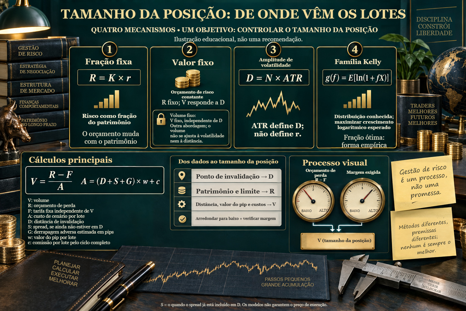 Tamanho da posição: fração fixa, valor fixo, amplitude ATR e família Kelly, com verificações separadas do orçamento de perda e da margem.
