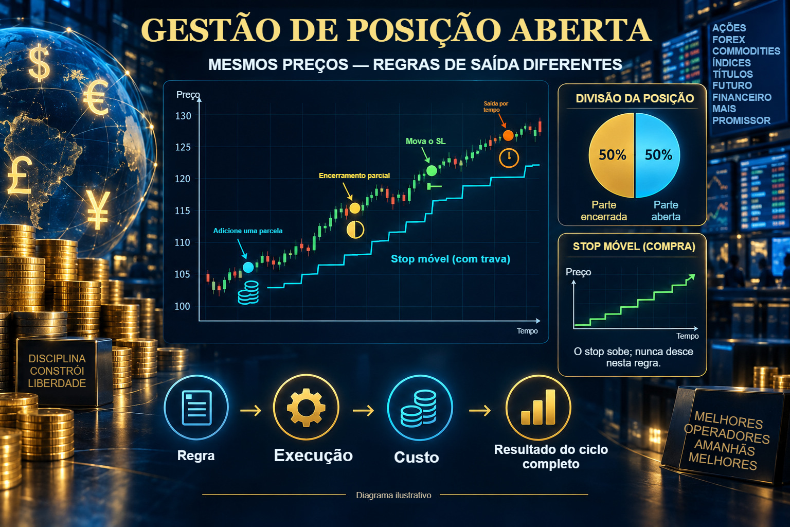 Gestão de posição aberta: atualização do SL, limiar de equilíbrio, saídas parciais e controle de exposição.