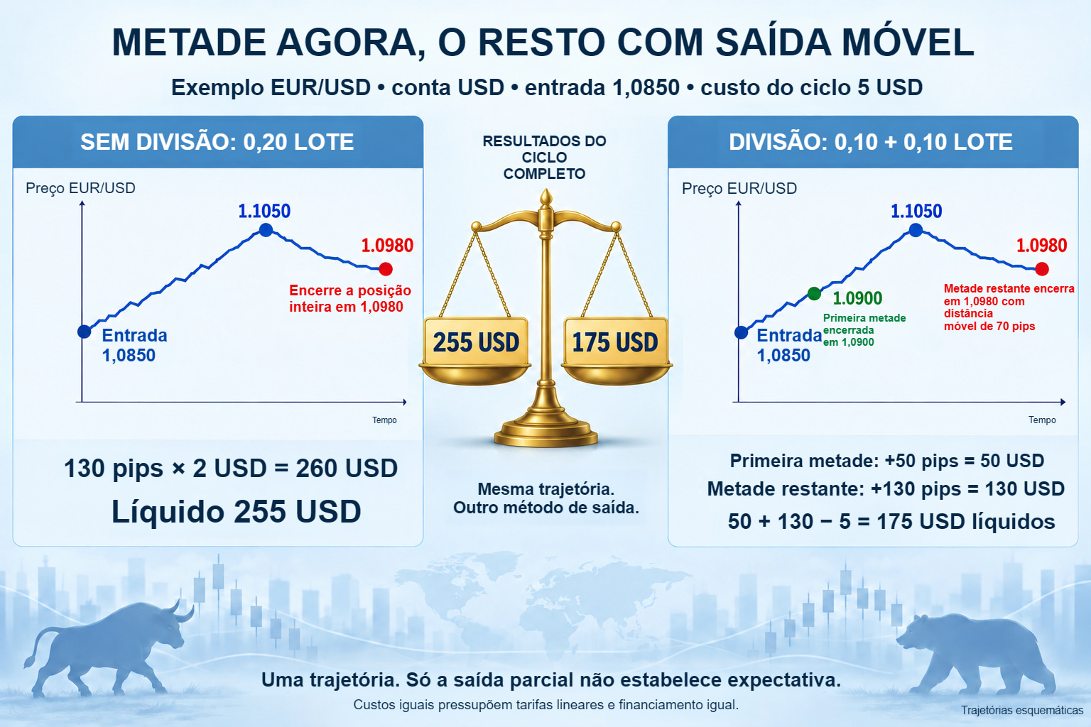 Saída parcial: 255 USD líquidos sem divisão, contra 175 USD ao encerrar metade antes.