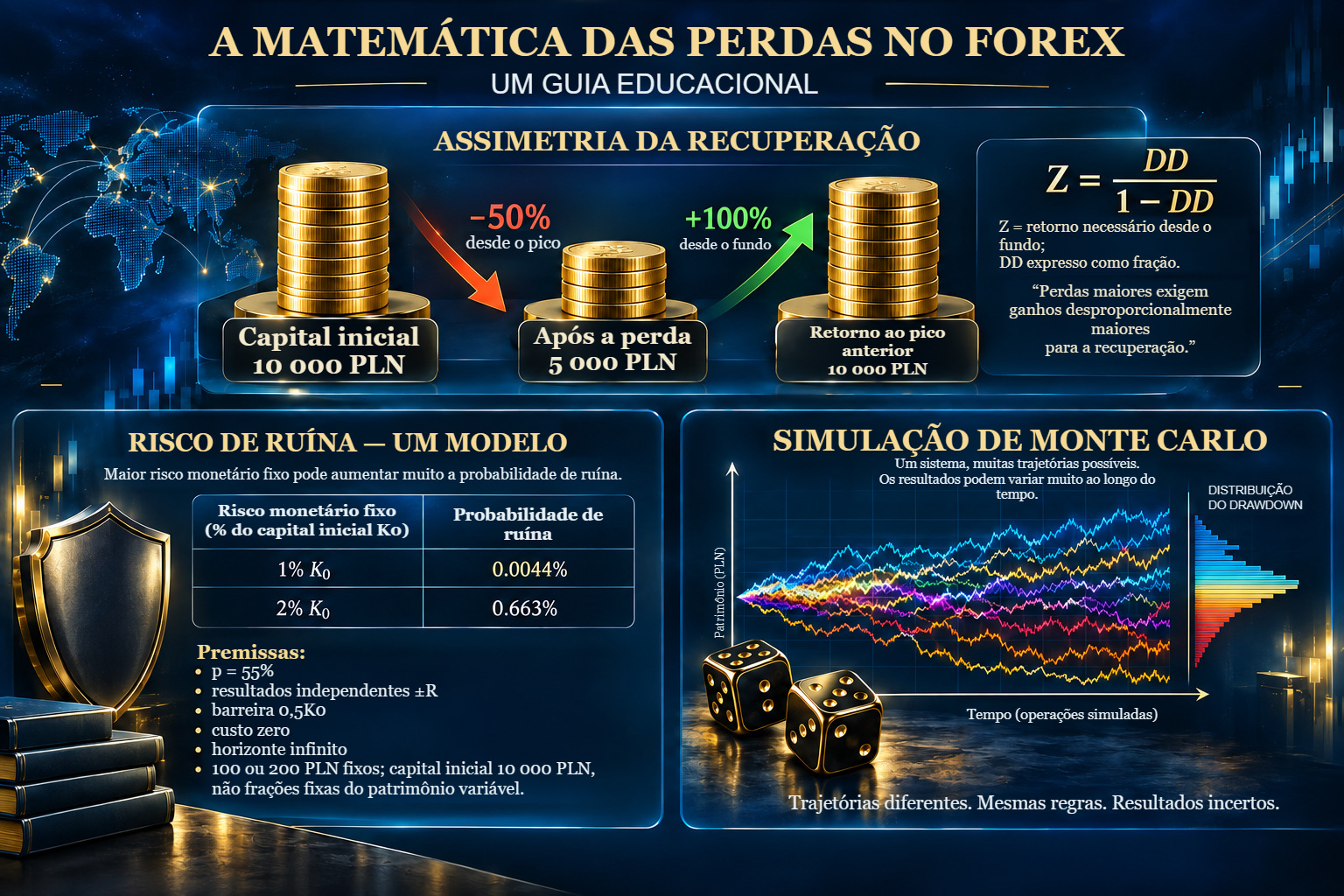Três temas da matemática das perdas: capital de 10 000–5 000–10 000 PLN com diferentes bases percentuais; comparação de risco de ruína em modelo de valores fixos; e diagrama de amostragem de resultados de Monte Carlo.