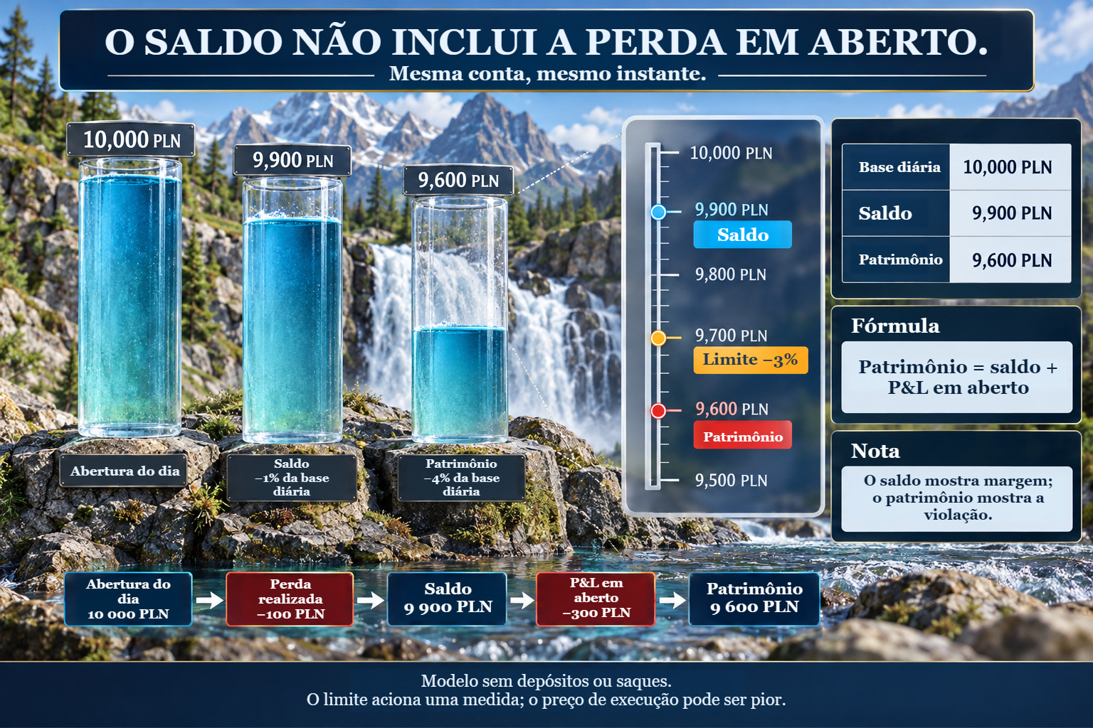 Saldo e patrimônio no mesmo momento: 10 000 PLN na abertura diária, 9 900 PLN após uma perda realizada de 100 PLN, 9 600 PLN após incluir uma perda em aberto de 300 PLN. O limite diário de 9 700 PLN fica entre o saldo e o patrimônio.