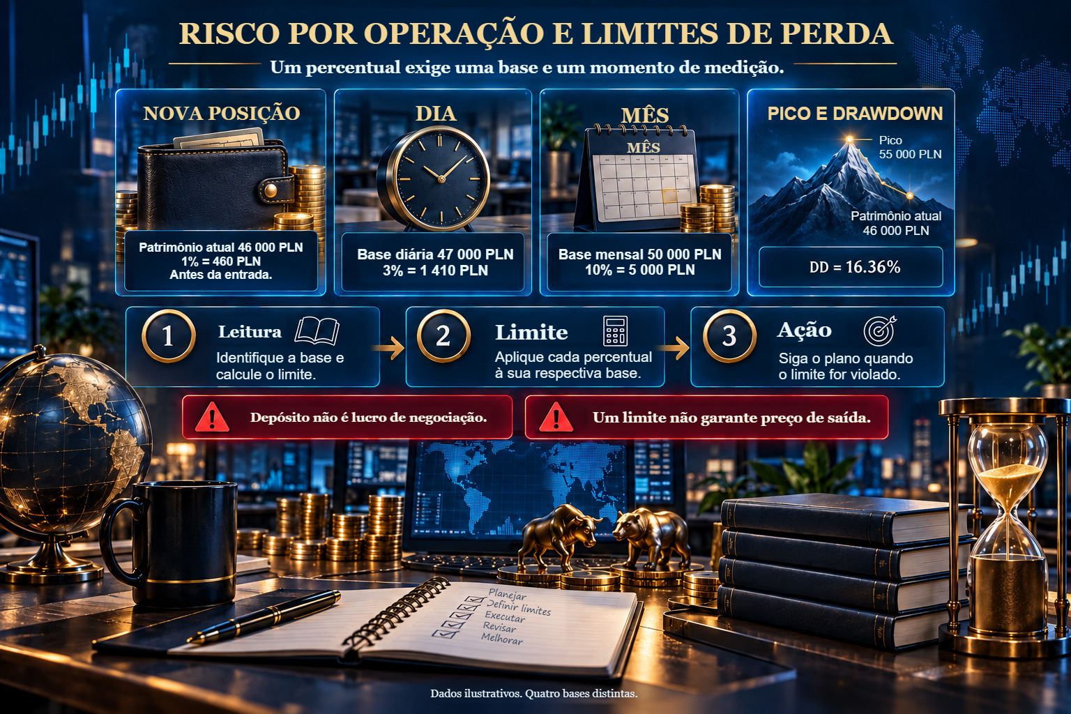 Quatro bases de risco distintas: nova posição com capital de 46 000 PLN, dia com 47 000 PLN, mês com 50 000 PLN e pico de 55 000 PLN. Ao lado, valores de 460, 1 410 e 5 000 PLN e DD de 16,36%.