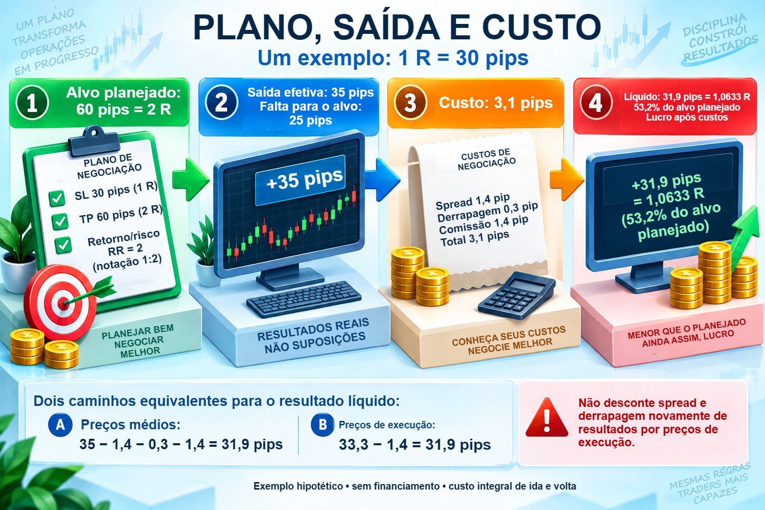 Quatro etapas ilustradas de uma posição: plano de 60 pips, saída após 35, custo de 3,1 e resultado líquido de 31,9 pips, ou 1,0633 R.