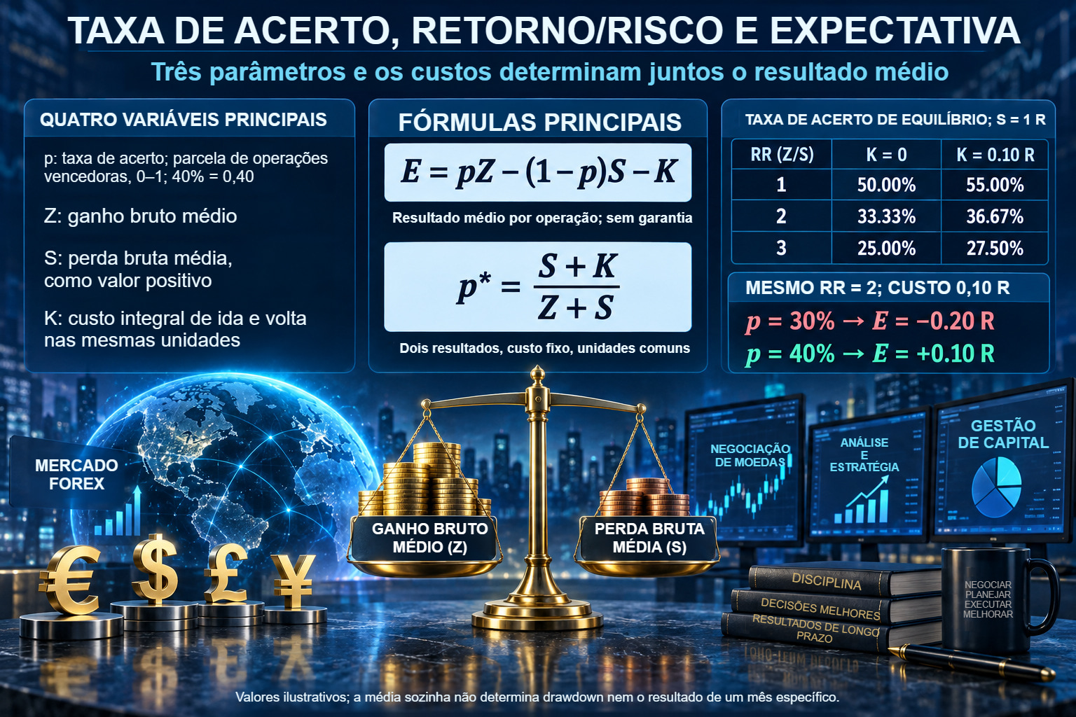 Definições ilustradas de taxa de acerto, ganho e perda médios e custos; tabela de limites para RR 1, 2 e 3, com custos zero ou 0,10 R.