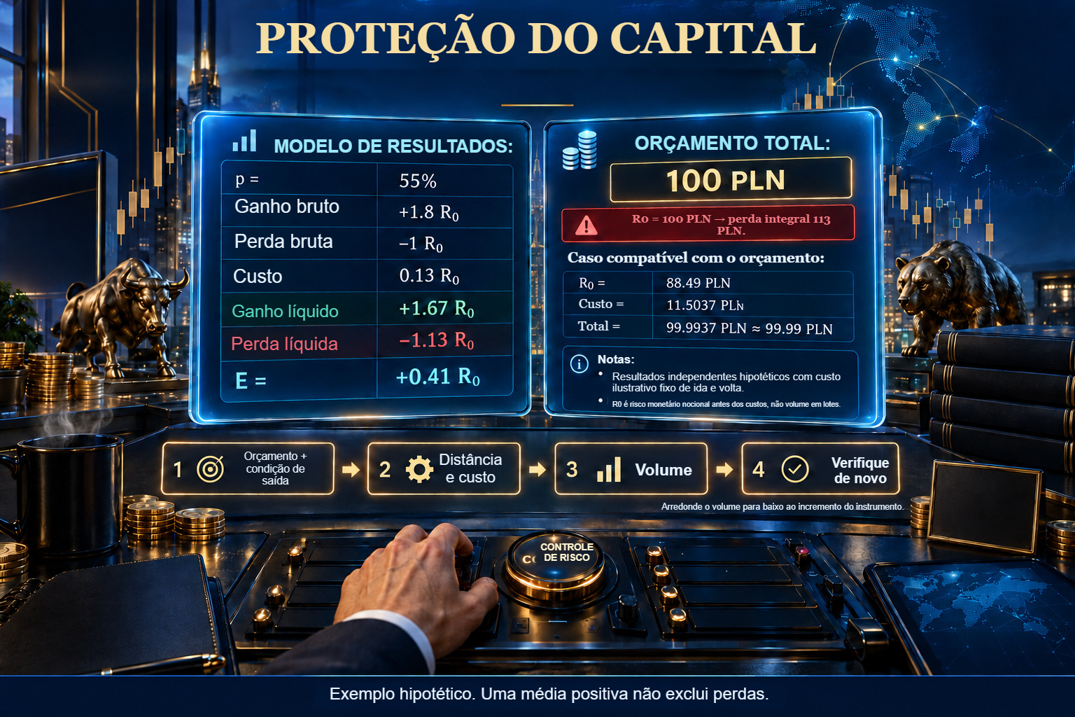 Dois painéis ilustrados: um modelo com p=55%, resultados líquidos +1,67/−1,13 R₀ e E=+0,41 R₀; e orçamento de 100 PLN atendido por unidade nominal de 88,49 PLN com custo de 11,5037 PLN.