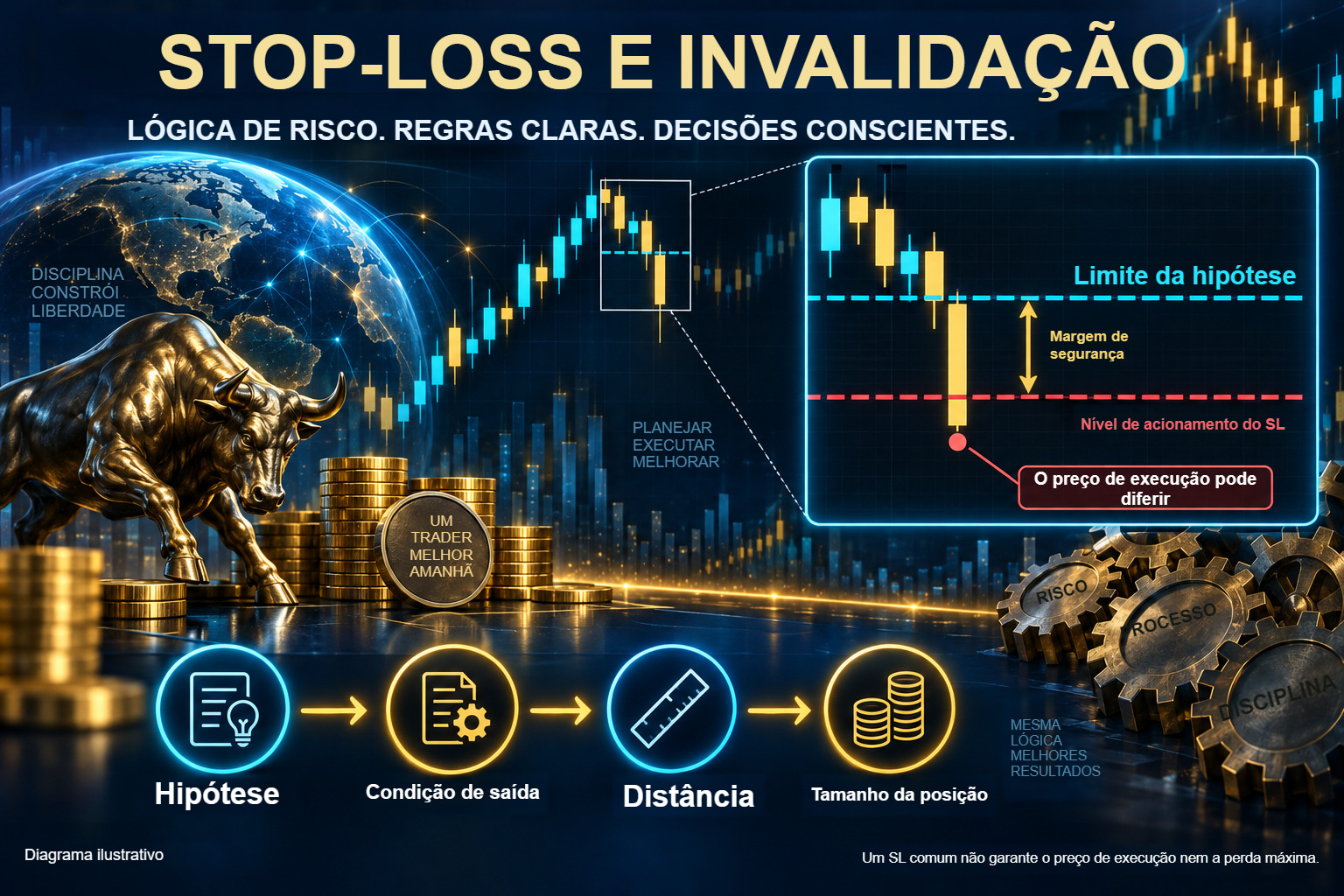 Diagrama detalhado de stop-loss: limite da hipótese, margem de segurança e nível inferior de acionamento, exemplo ampliado de outro preço de execução e sequência da hipótese ao tamanho da posição.