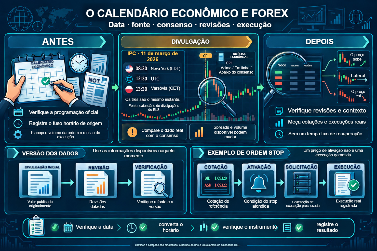 O calendário econômico: datas, fusos horários, revisões de dados e execução de ordens stop