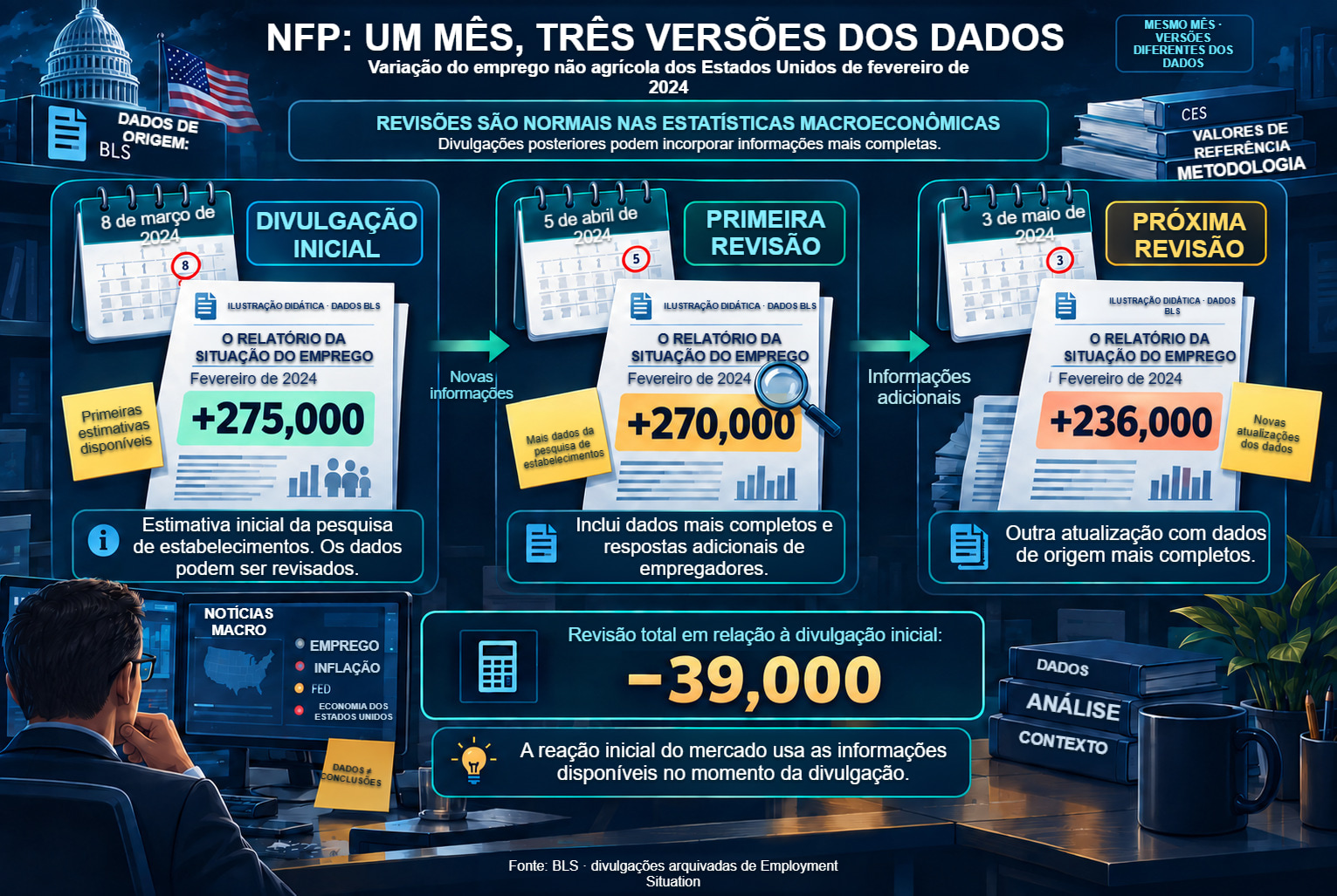 Revisões do NFP de fevereiro de 2024: 275, 270 e 236 mil