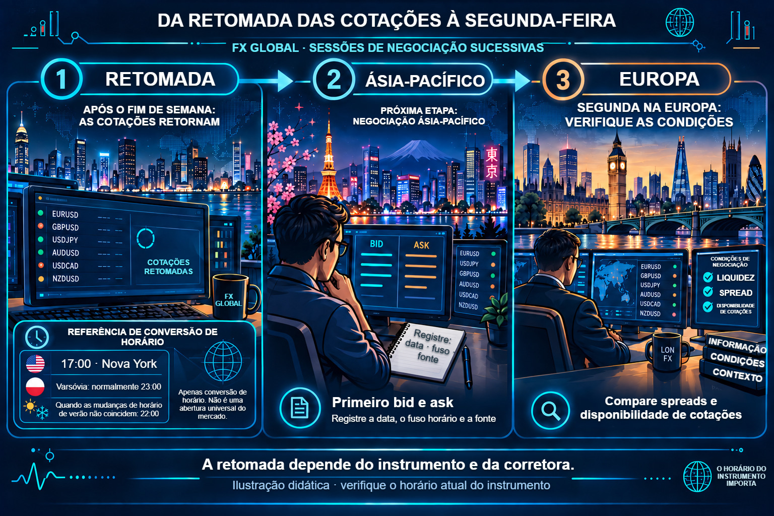 Retomada das cotações: Nova York, UTC, relógio local e horários do instrumento
