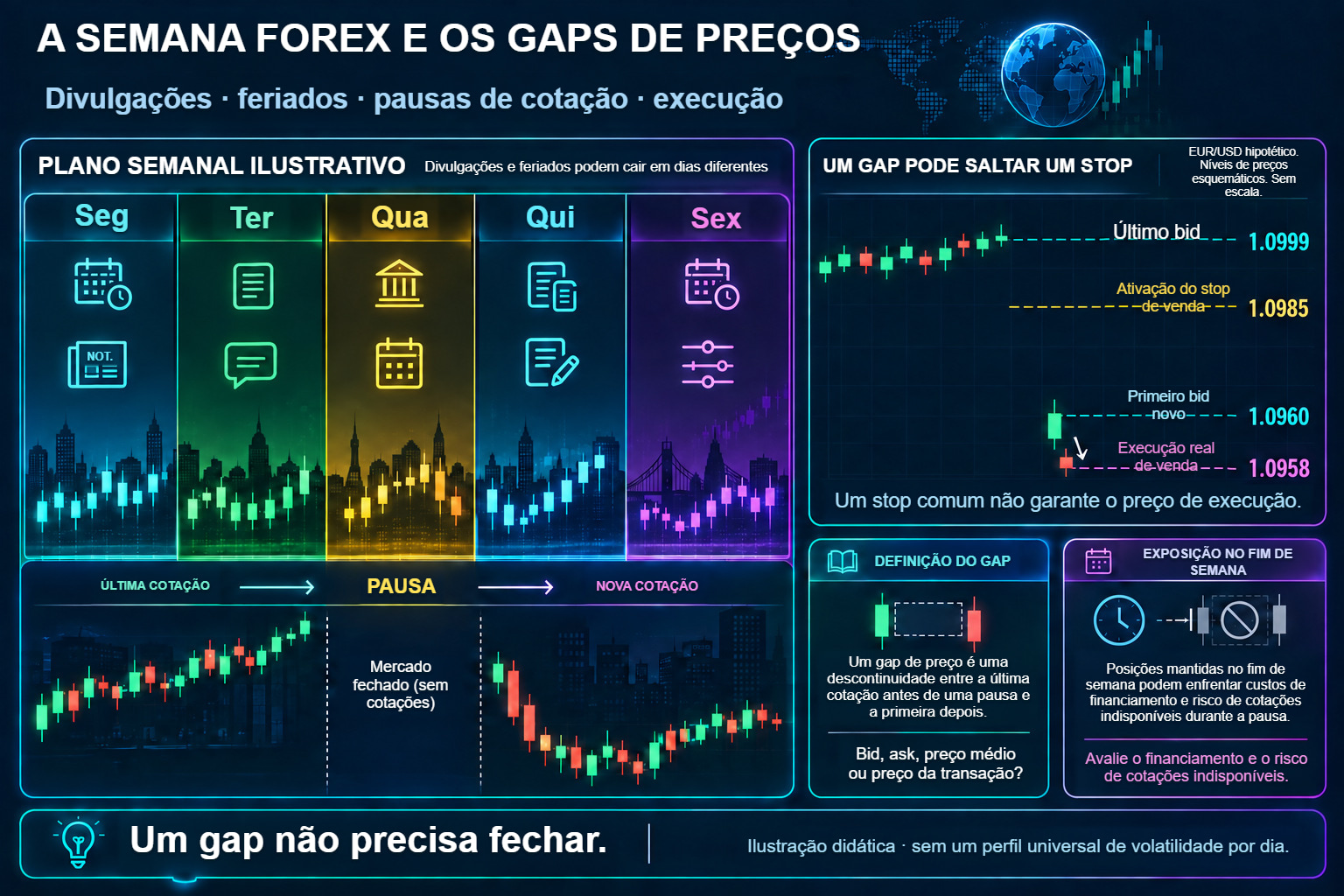 A semana de negociação e um gap EUR/USD: último bid, nível do stop, primeira cotação nova e execução