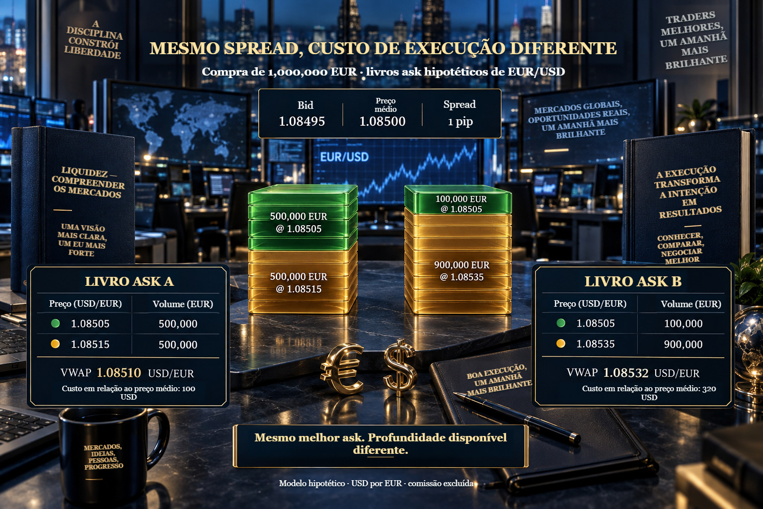 Dois livros hipotéticos de cotações EUR/USD: spread idêntico, VWAP diferente para um milhão de EUR