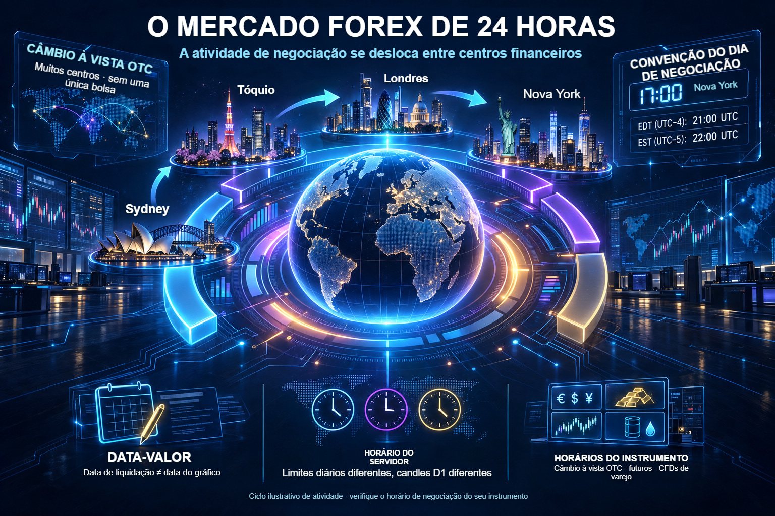 O mercado OTC: centros financeiros, encerramento do dia em Nova York, data-valor e horário do servidor