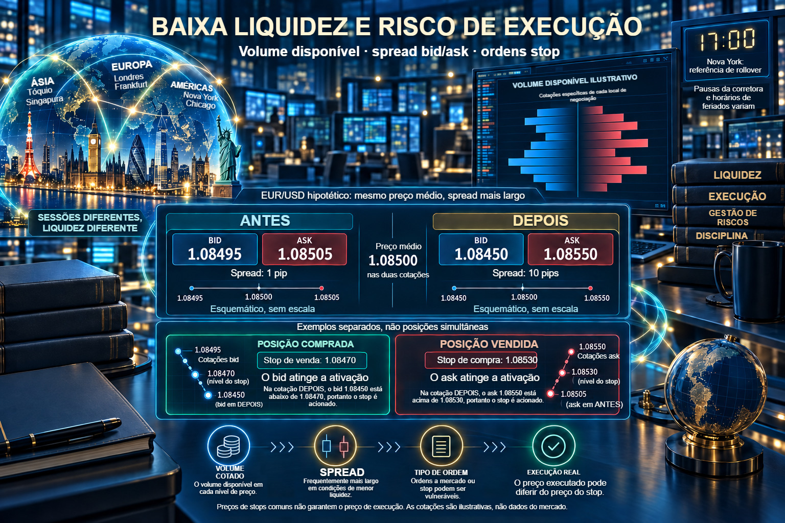 Baixa liquidez: spread mais largo com preço médio entre bid e ask constante e duas ordens stop separadas