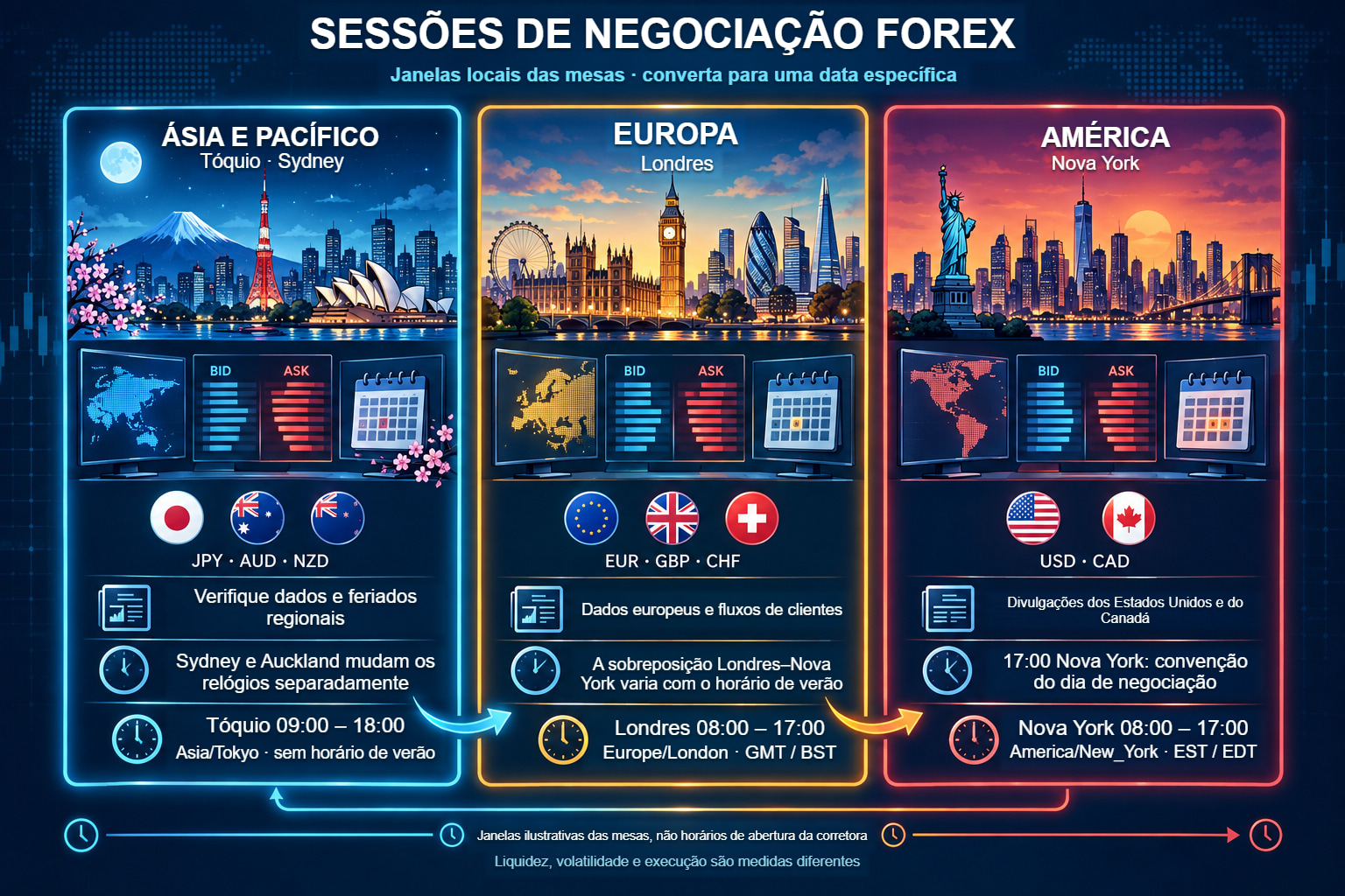 Sessões Forex: Ásia-Pacífico, Europa e Américas com horários locais hipotéticos das mesas