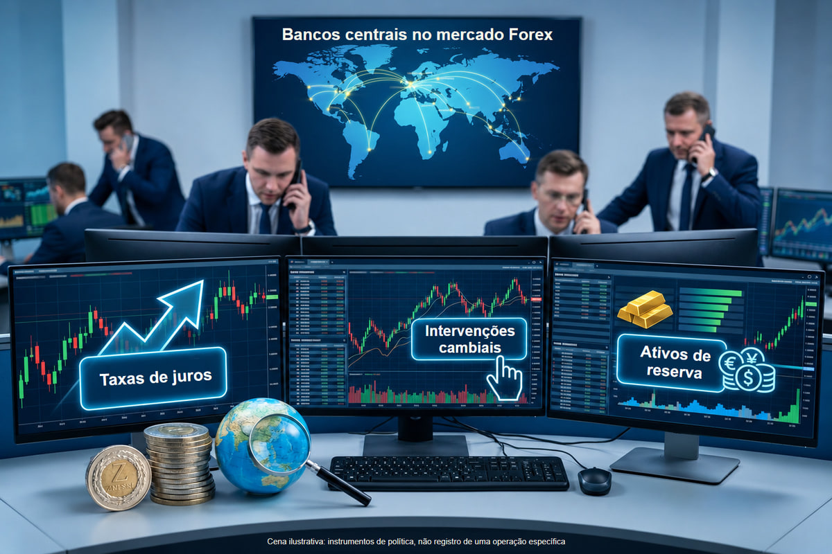 Bancos centrais: juros, intervenções e ativos de reserva. Ilustração: são mecanismos separados, não dados de mercado em tempo real.