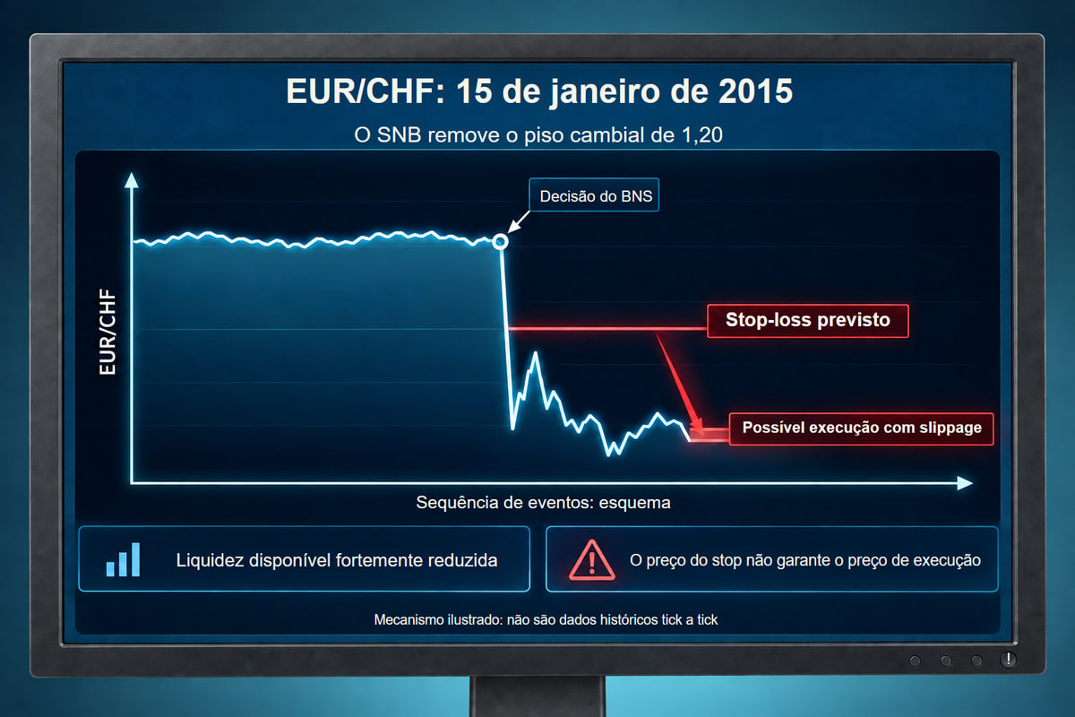 SNB em 15 de janeiro de 2015: risco de liquidez e slippage. Esquema desses riscos após a decisão do SNB; não são dados históricos tick a tick.