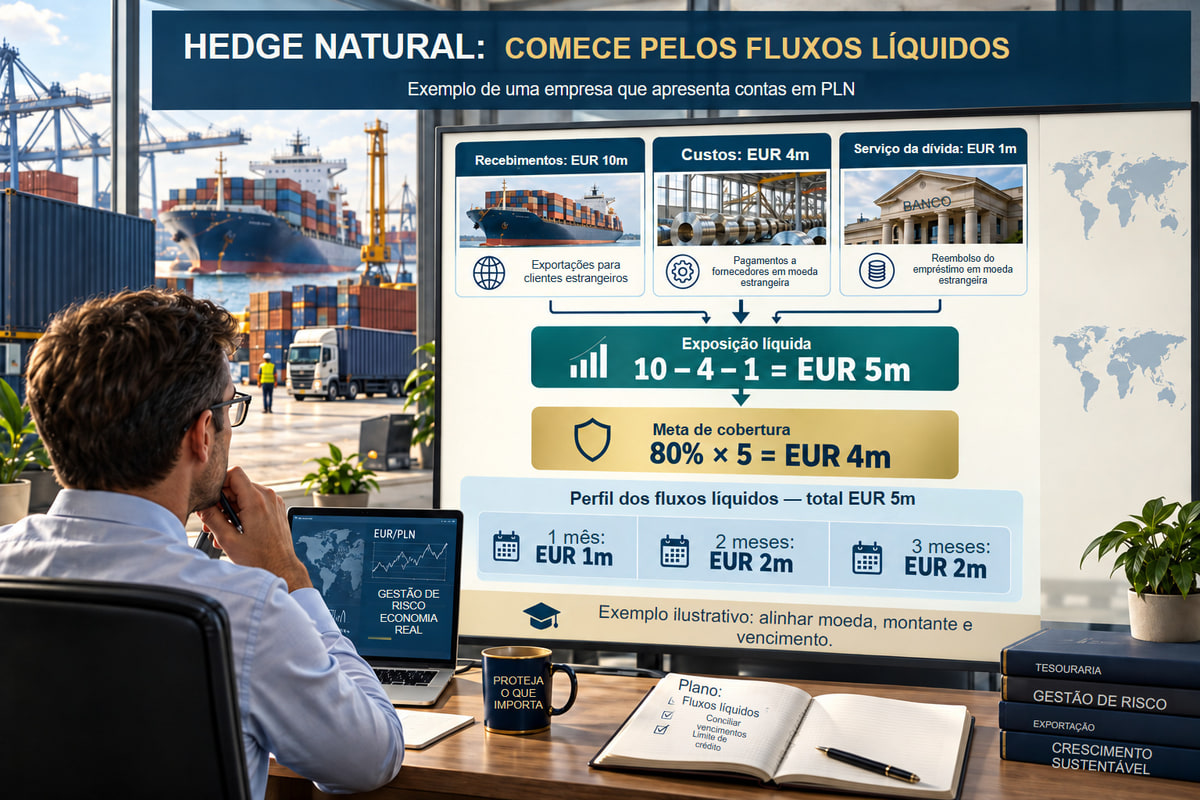 Tesouraria: fluxo de caixa líquido de EUR 5 milhões e cobertura de EUR 4 milhões. Exemplo do artigo: fluxo líquido de EUR 5 milhões e meta de cobertura de EUR 4 milhões. Os vencimentos mostrados se referem ao fluxo de caixa líquido.