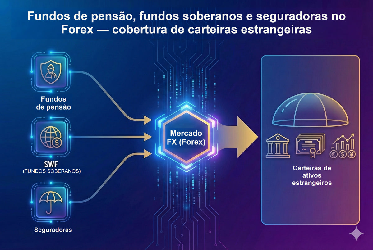 Real money: fundos de pensão, SWF e cobertura de carteira. A cobertura depende do mandato e da proporção-alvo; nem todas as instituições cobrem a exposição inteira.