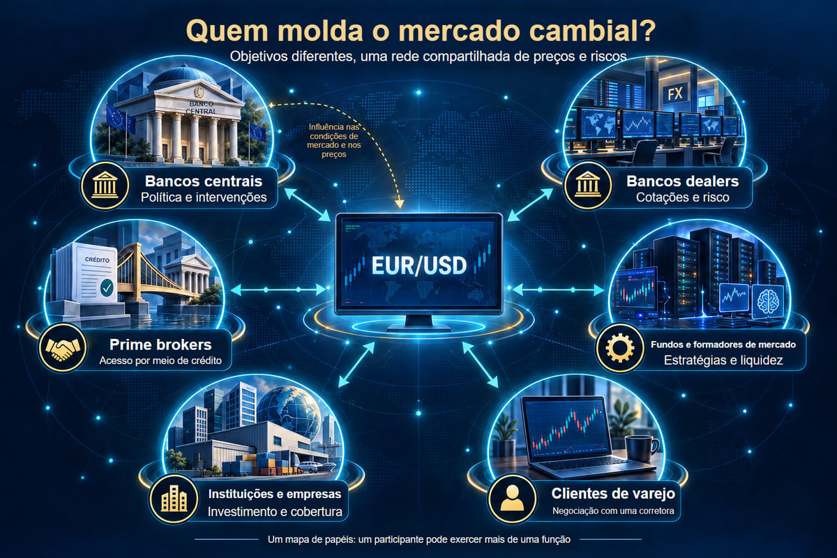 Uma rede de papéis e relações dos participantes do mercado cambial. Os participantes formam uma rede de relações; não existe um único caminho obrigatório para as ordens.