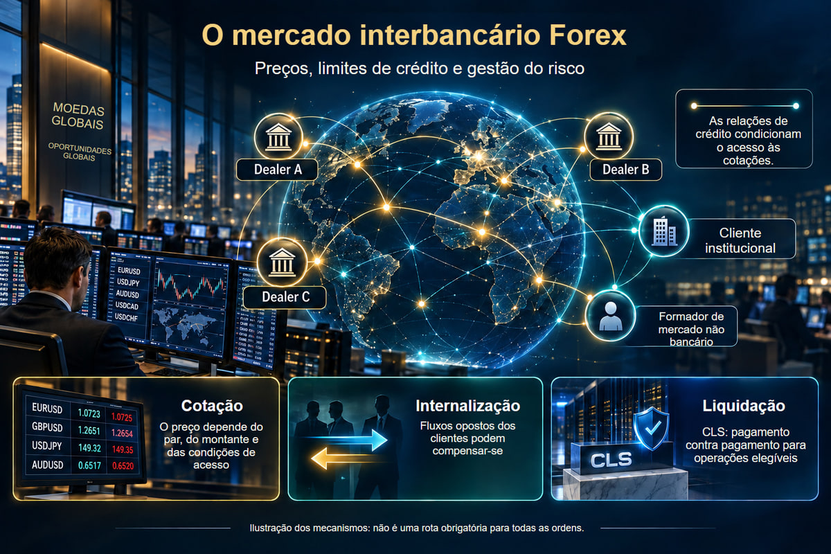 Dealers, limites de crédito e processo de liquidação separado. Cotação, gestão da exposição e liquidação são processos distintos. A rede é ilustrativa.