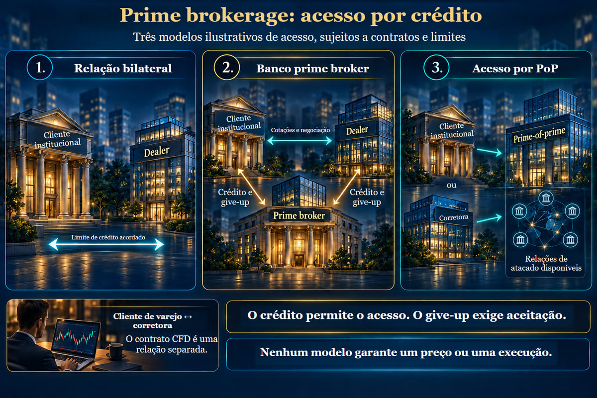 Prime brokerage: três modelos de acesso ao crédito. Modelos ilustrativos sujeitos a contratos e limites. O give-up exige aceitação; o CFD do cliente de varejo continua separado.