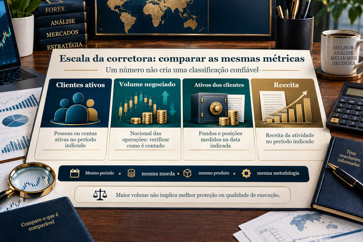 Métricas da escala da corretora: alcance, período e método. As métricas de escala descrevem aspectos diferentes do negócio; comparar exige o mesmo alcance, período e método.