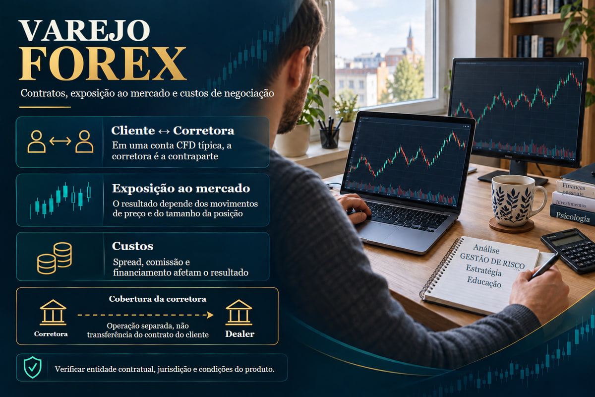 CFDs de varejo: contrato com a corretora, custos e alcance da proteção. Modelo típico de CFD de varejo. O produto e as proteções do cliente dependem da entidade contratual e da jurisdição.